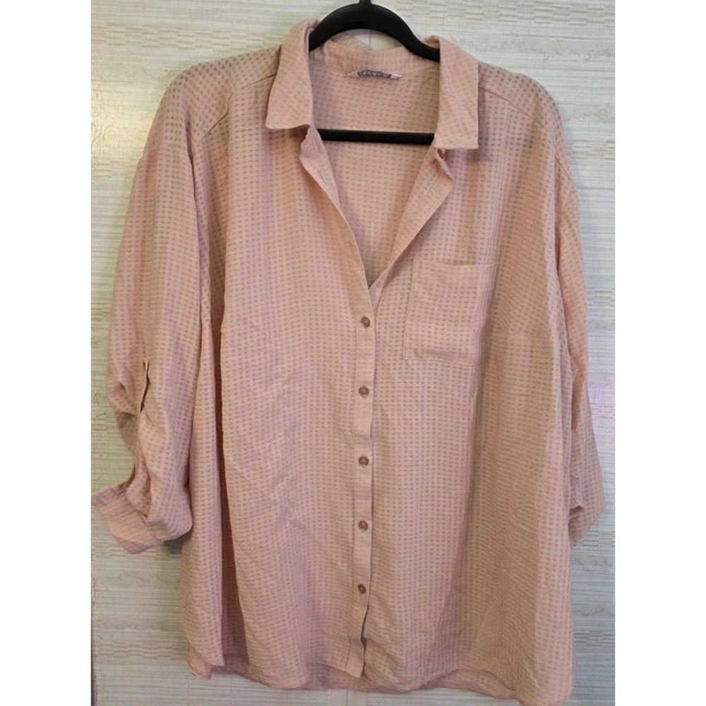 Evans Pink Textured Grid Button Down Shirt Roll Tab Sleeve Blouse Size 18